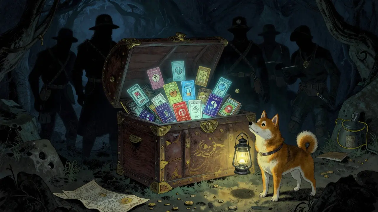Shadowy figures guarding a glowing NFT chest in a dark cave