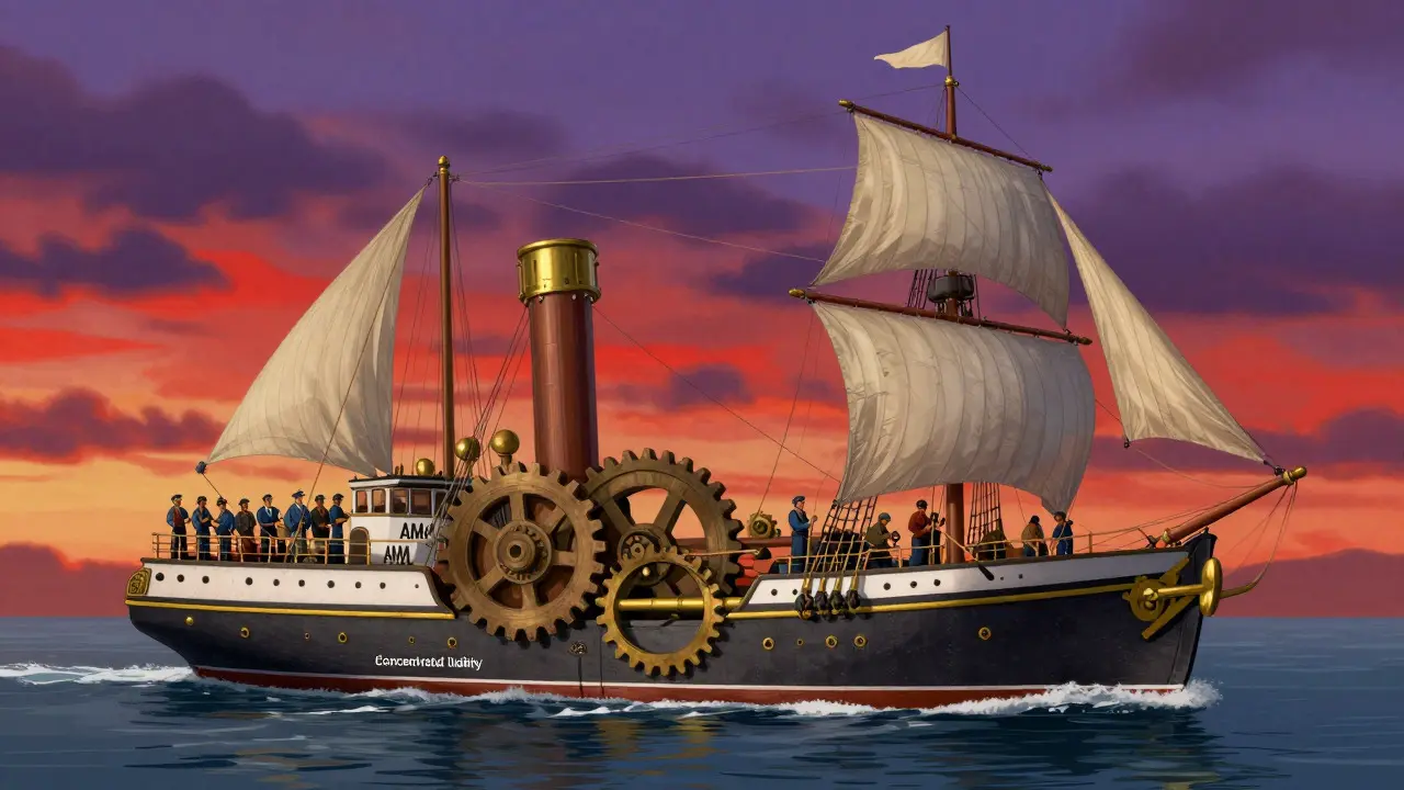 Steamship with dual engines navigating golden waters