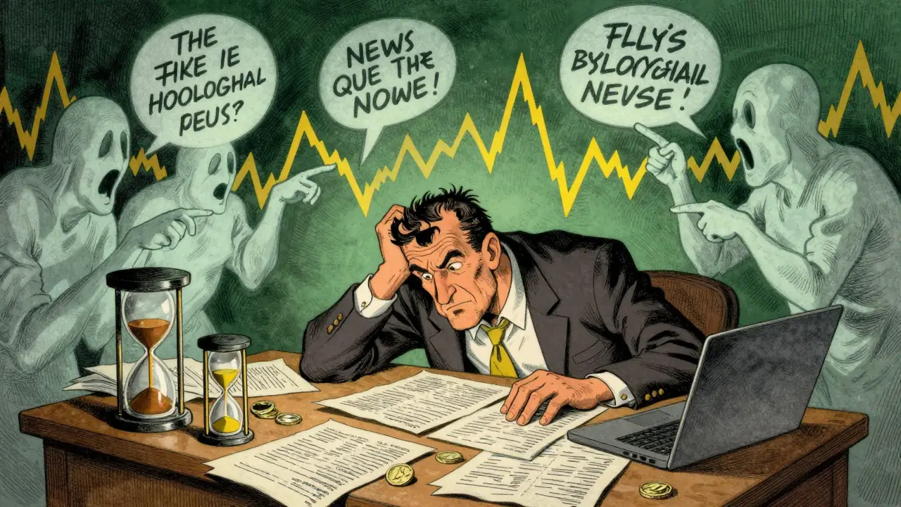 Stressed trader overwhelmed by daily market noise and administrative tasks