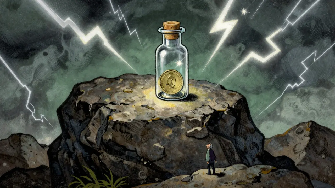 Tiny coin vial on a large rock with stormy background in cartoon style
