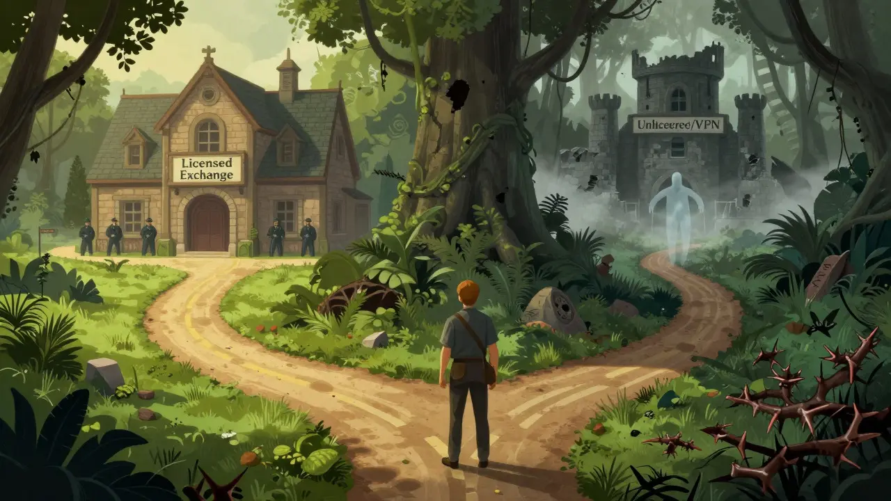 Traveler choosing between safe licensed and risky paths