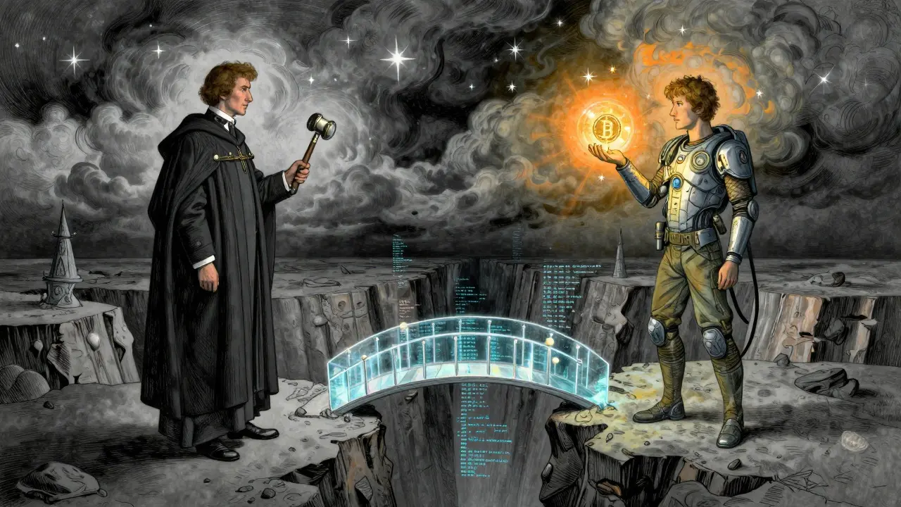Two figures debating on opposite sides of a forming glass bridge