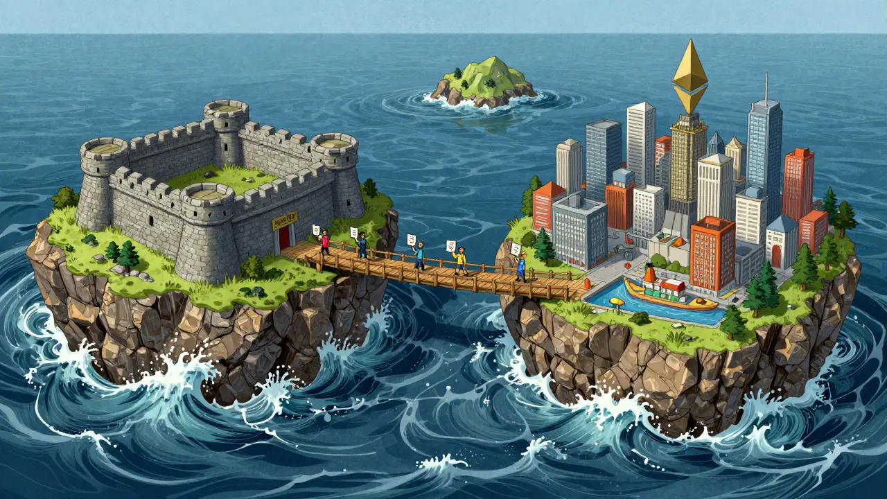 Two islands connected by a bridge representing crypto chains