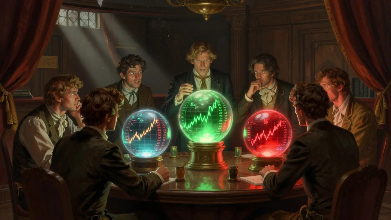 Vintage traders watching volatile crypto prices in glowing orbs