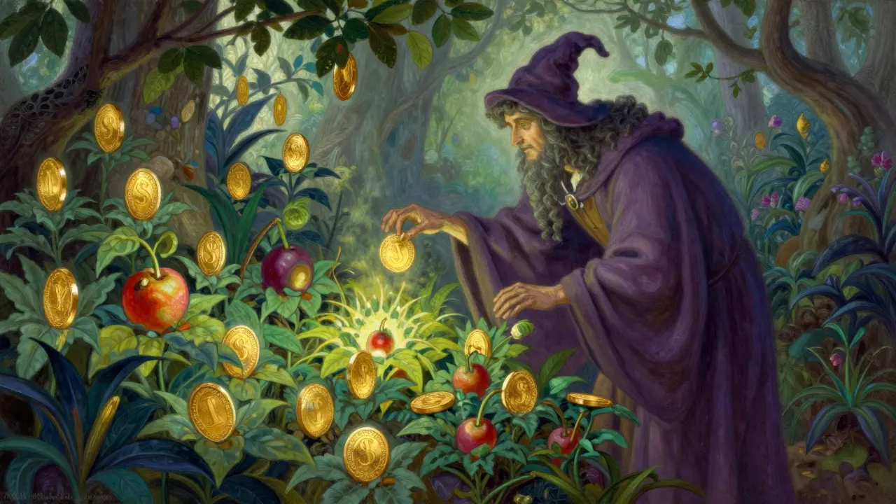 Wizard tending magical plants bearing jewel tokens in Howard Pyle style
