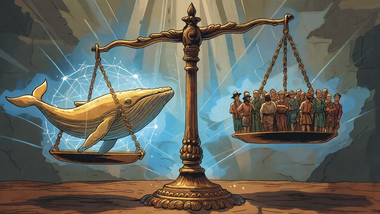 A balance scale shows a constrained whale weighed against a united community.