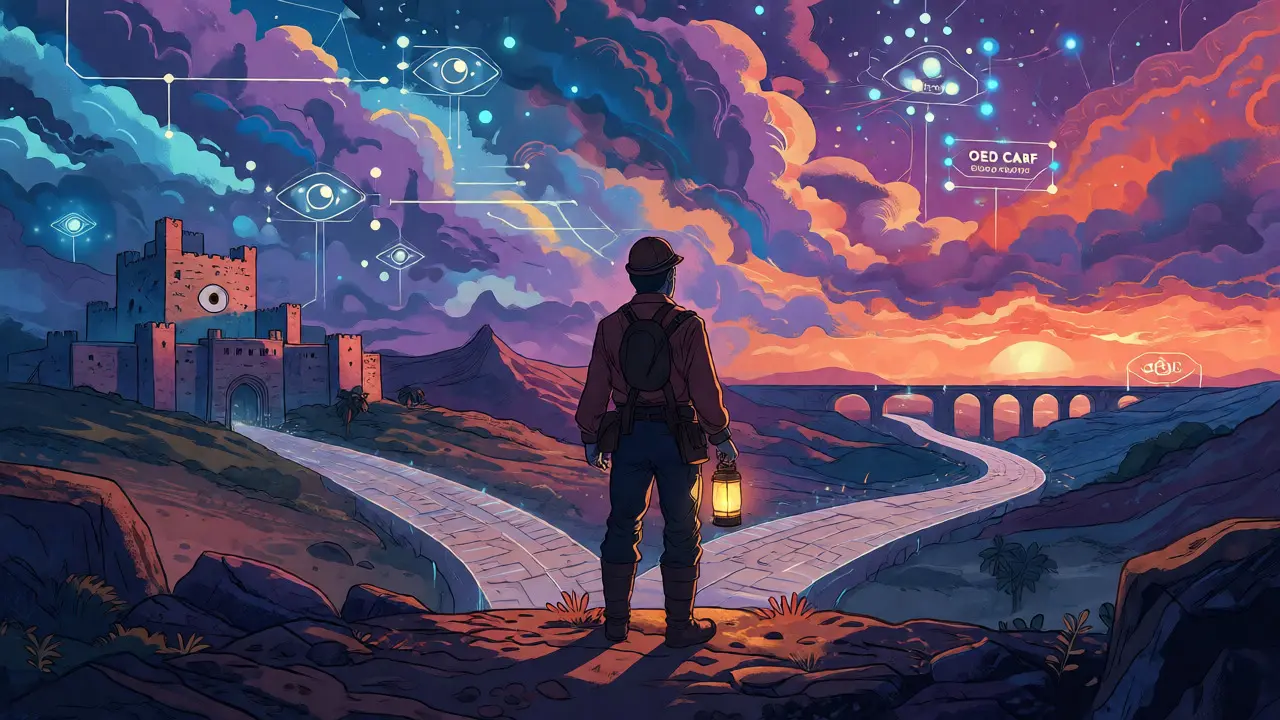A miner at a crossroads facing regulatory fortresses and global digital pathways.
