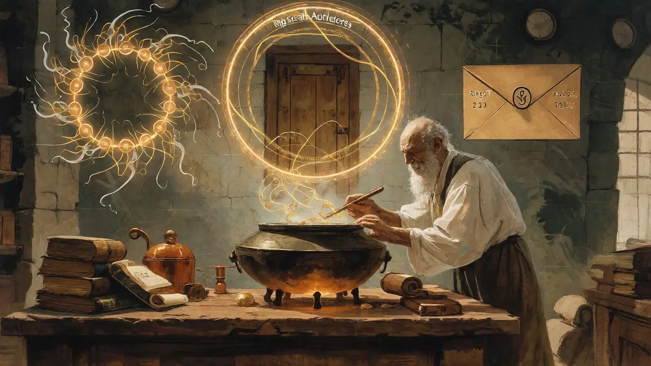 Alchemical workshop visualizing Monero's privacy technology pillars