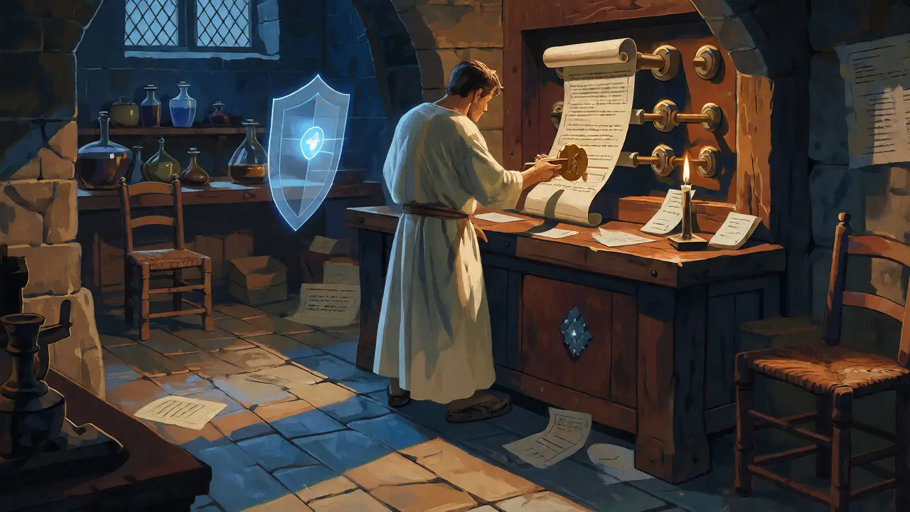 Alchemist struggling with a complex mechanical lock in a dim, shadowed workshop.