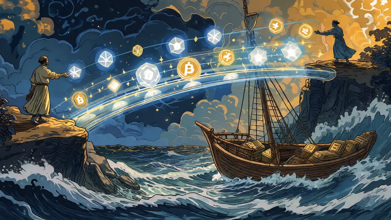 Allegorical art of crypto stablecoins crossing an ocean efficiently on a light raft.