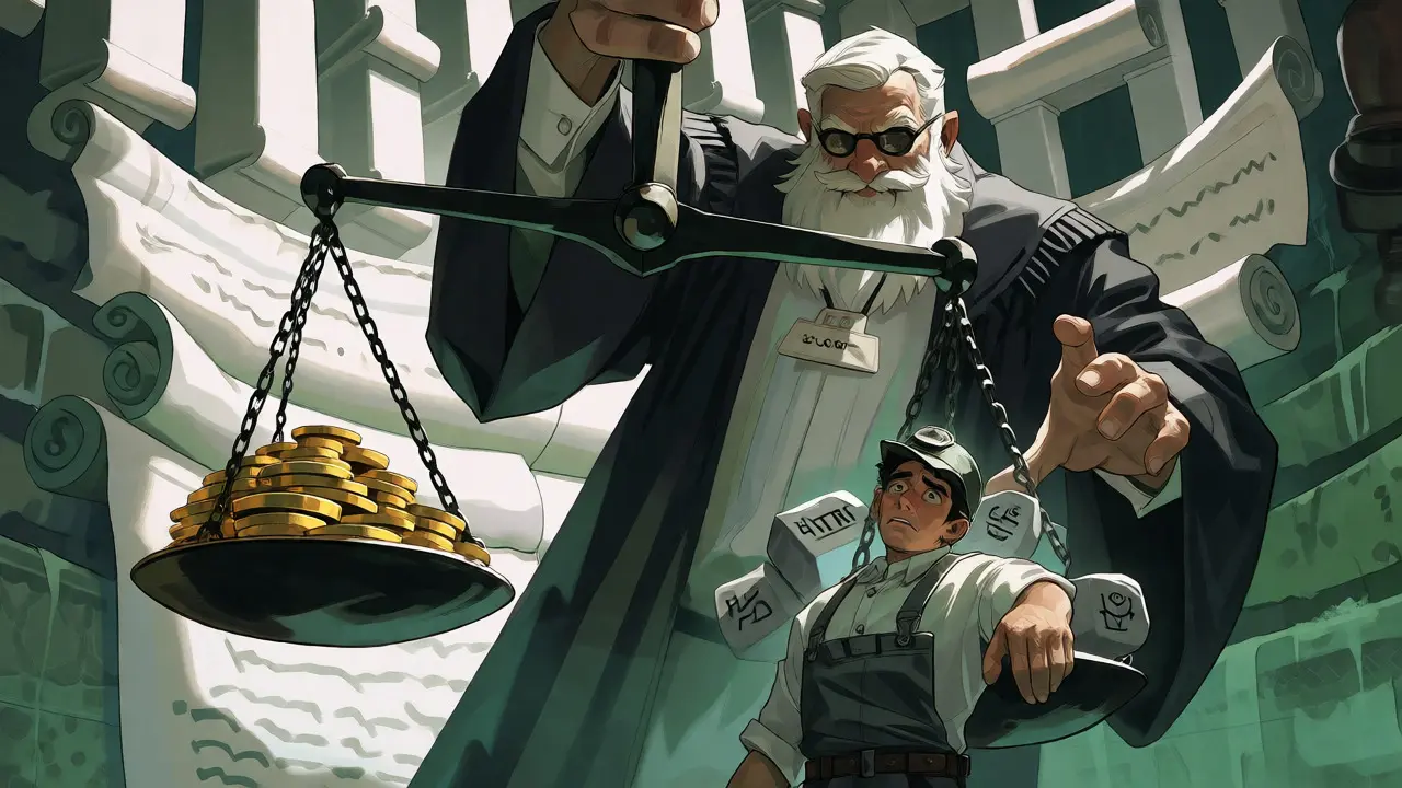 Allegorical art showing a tax official weighing mined crypto against non-deductible expenses.