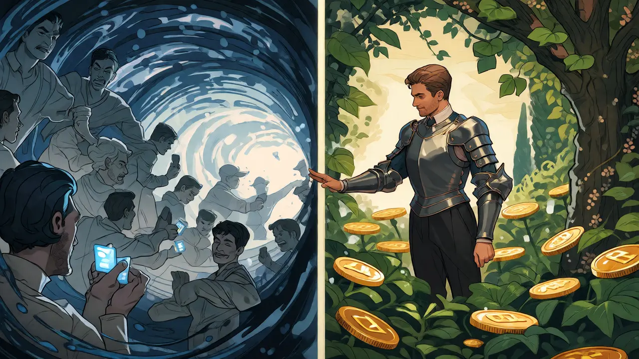 Allegory of crypto regulation: chaotic dark waters versus an orderly, compliant garden.