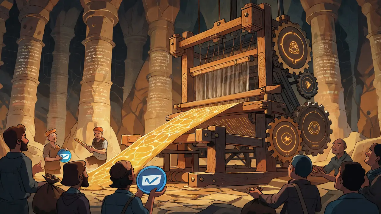 Allegory of OSP tokenomics on Base network with users paying fees in stablecoins via a mechanical loom.