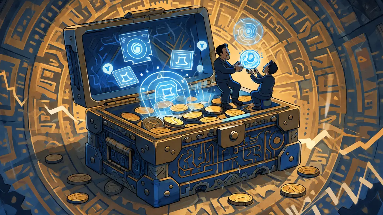 An ornate wallet artifact projecting digital assets, surrounded by community figures in a fantasy setting.