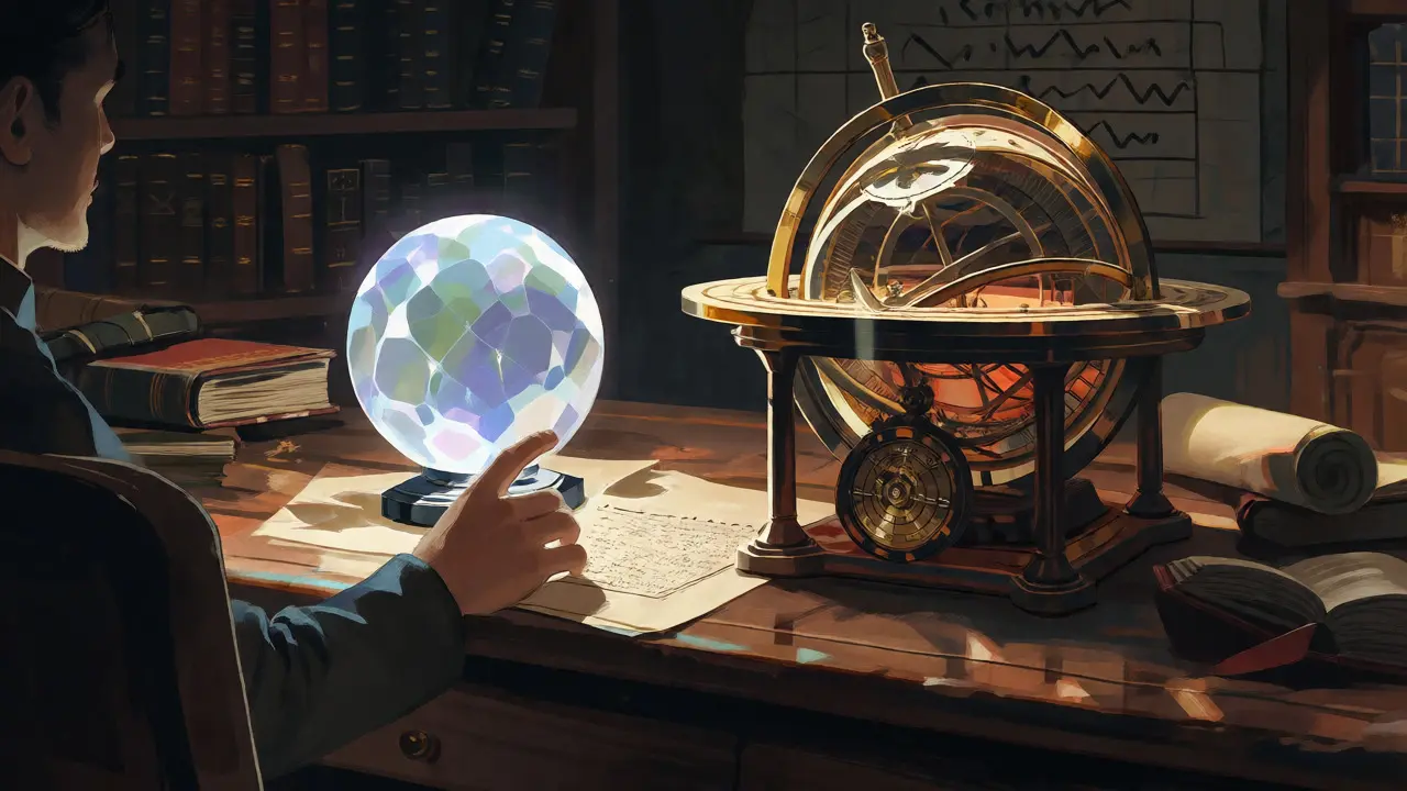 Artistic depiction of simple and advanced trading tools on a desk with dramatic lighting.