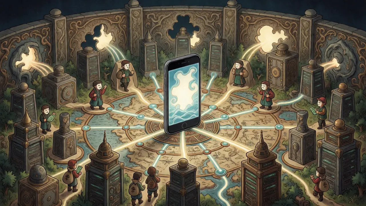 Artistic depiction of underground crypto access via VPNs and P2P networks in China.