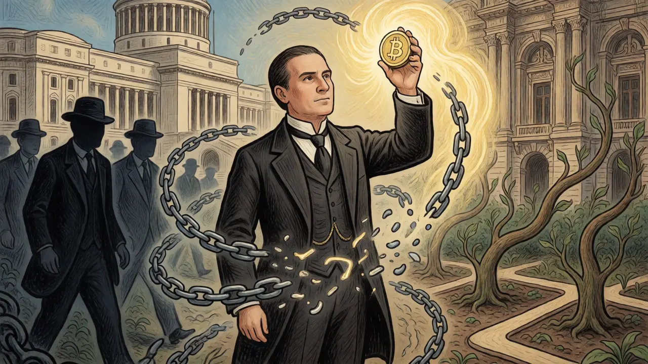 Bureaucrat holding a glowing coin as chains break, representing new regulations.