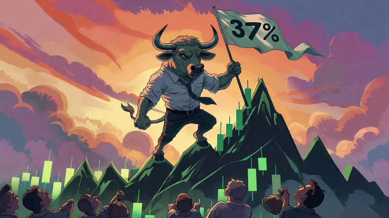 Cartoon bull standing on rising crypto charts symbolizing price growth