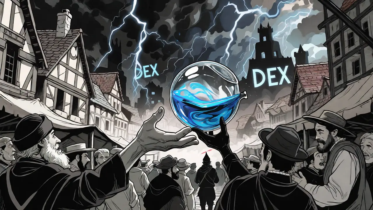 Chaotic market scene depicting OSP's low liquidity and volatility through a fragile vessel in a storm.