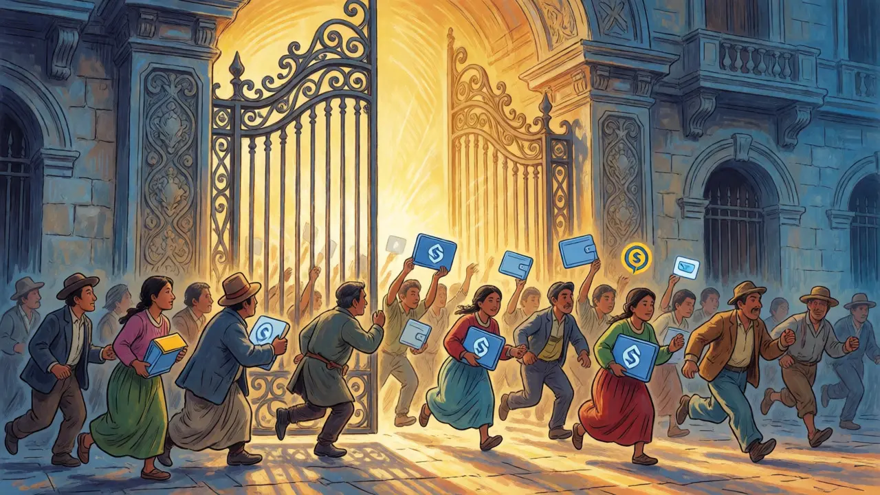 Citizens rush through an opening gate filled with golden light, carrying digital assets in a vibrant illustration.