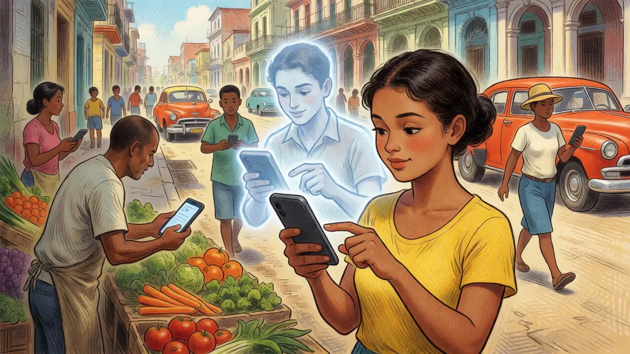 Cuban woman using a phone for digital transactions in a lively Havana street.