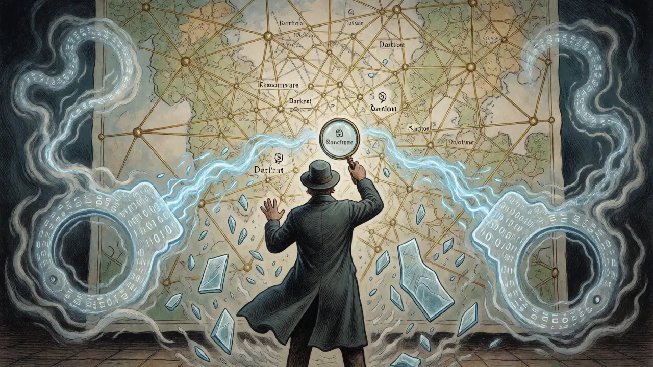 Detective analyzing blockchain network connections in illustrative style