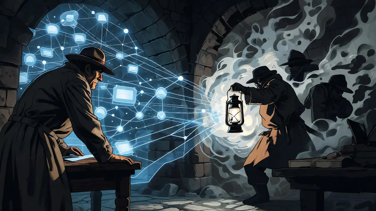 Detective tracing glowing blockchain lines through a mystical digital landscape.