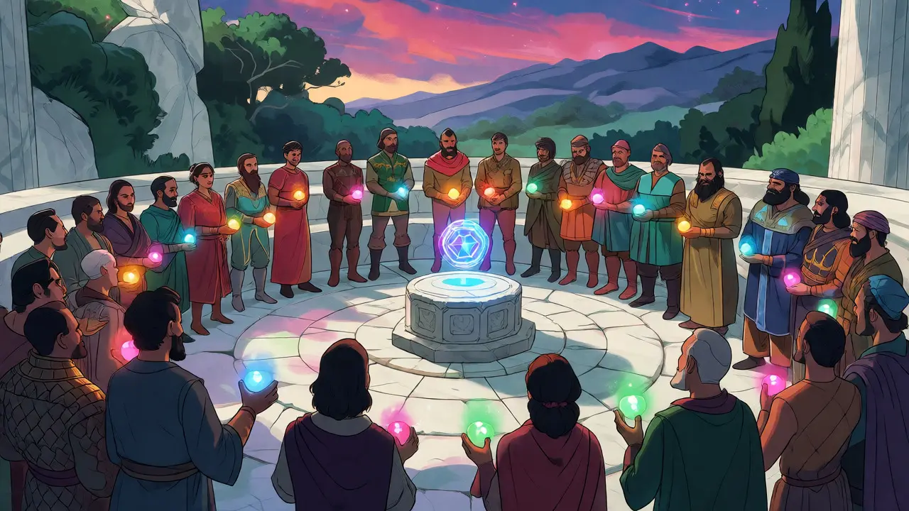 Diverse group of players voting around a central glowing token.