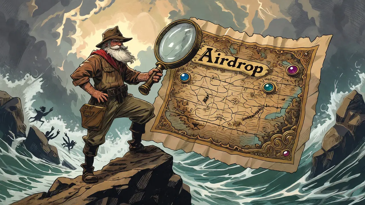 Explorer examining a trap-filled map symbolizing crypto airdrop verification