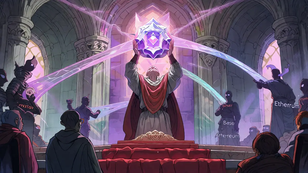 Fantasy council chamber with a glowing token connecting various chain ribbons.