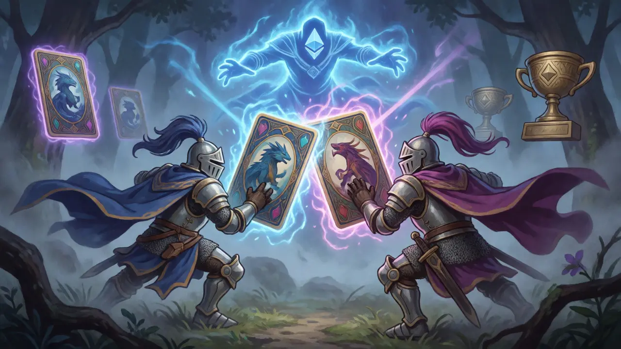 Fantasy knights battling with magical playing cards in a misty forest.