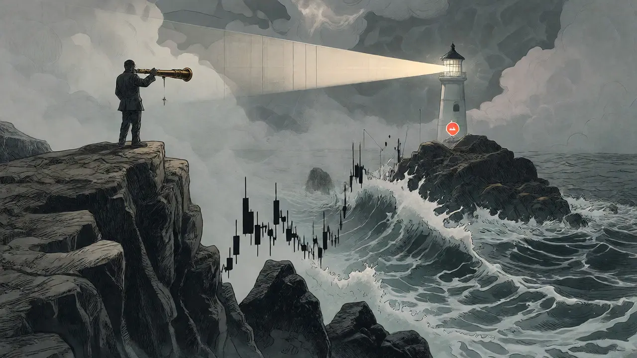 Figure on a cliff viewing a stormy sea of jagged chart lines through a spyglass.