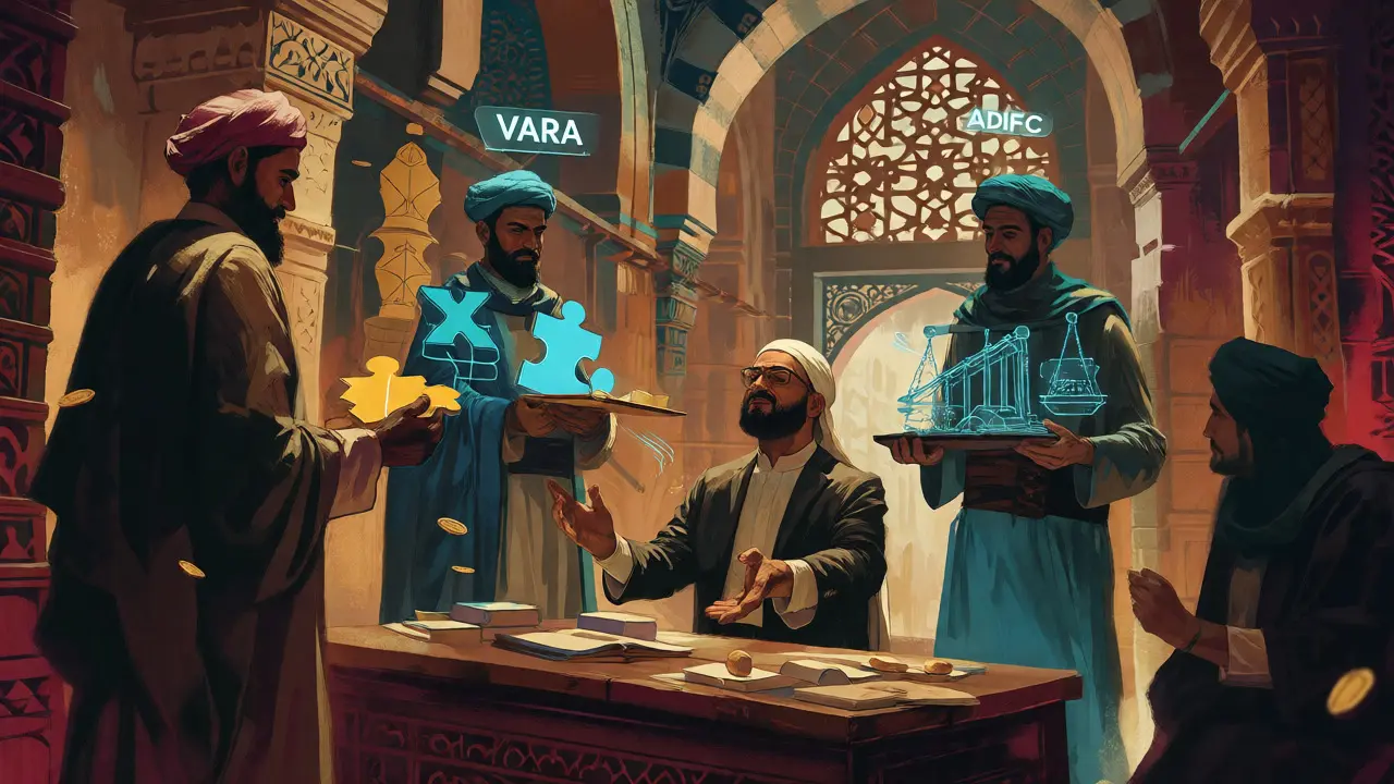 Founder negotiating with regulators in a stylized souk blending tradition and crypto