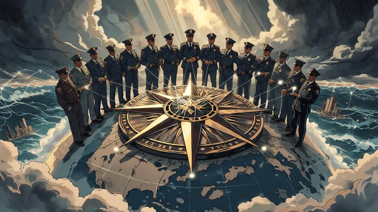 Global police officers united around a glowing compass symbolizing INTERPOL cooperation.