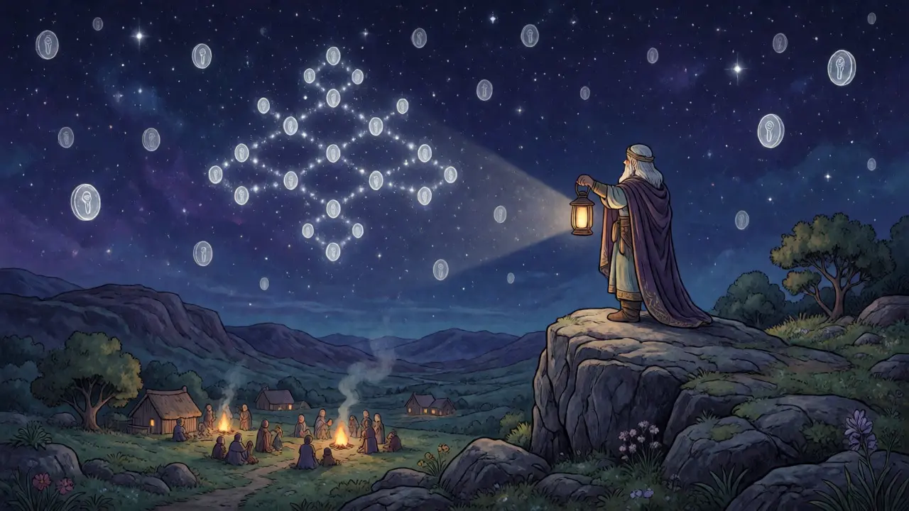 Guardian watching over community under starry token sky