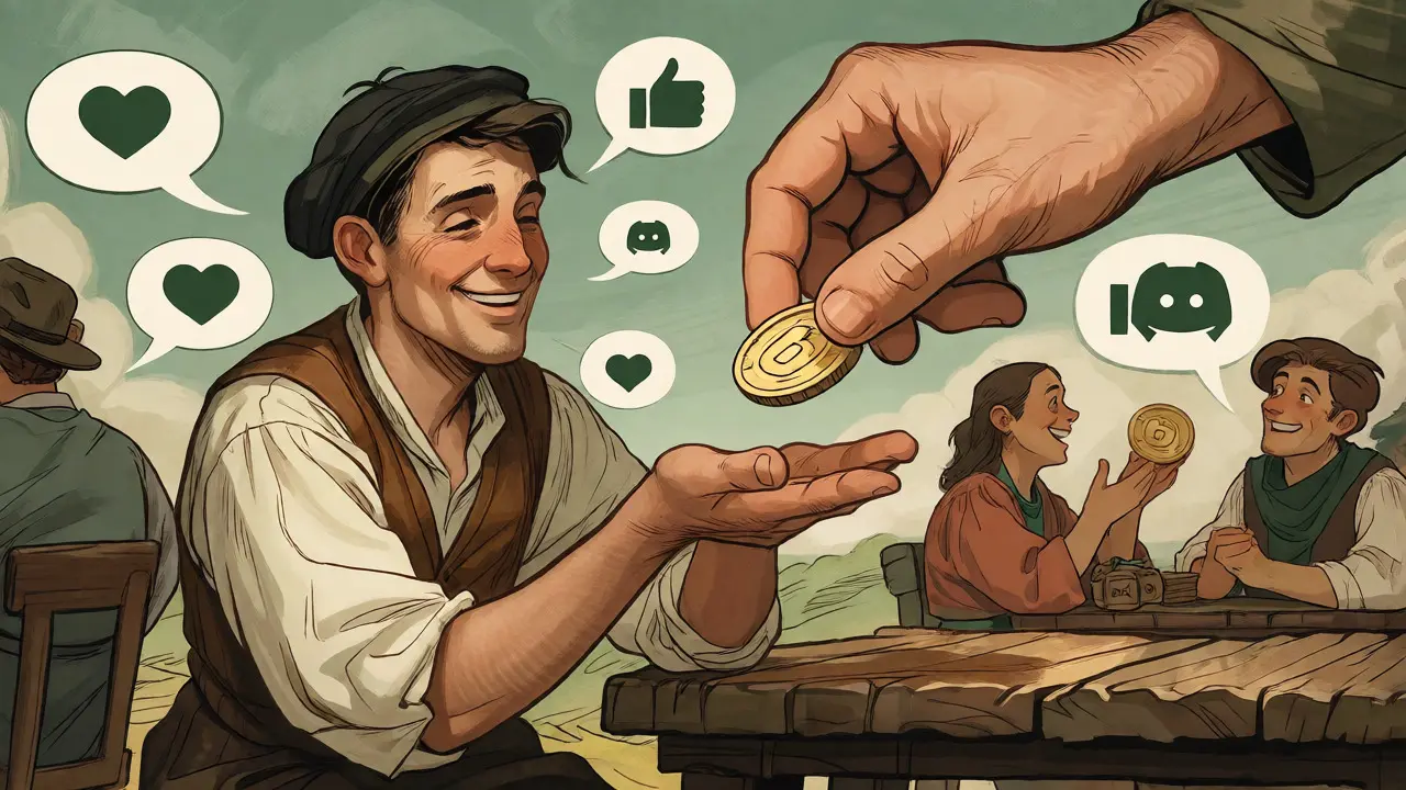 Hand giving a token to a person amidst social media engagement icons