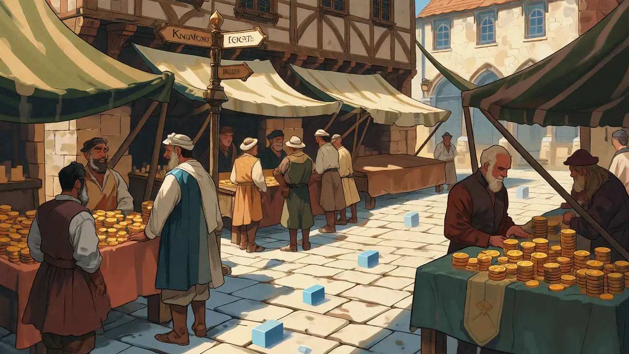 Illustrated market scene with merchants trading coins in a niche, low-liquidity environment.