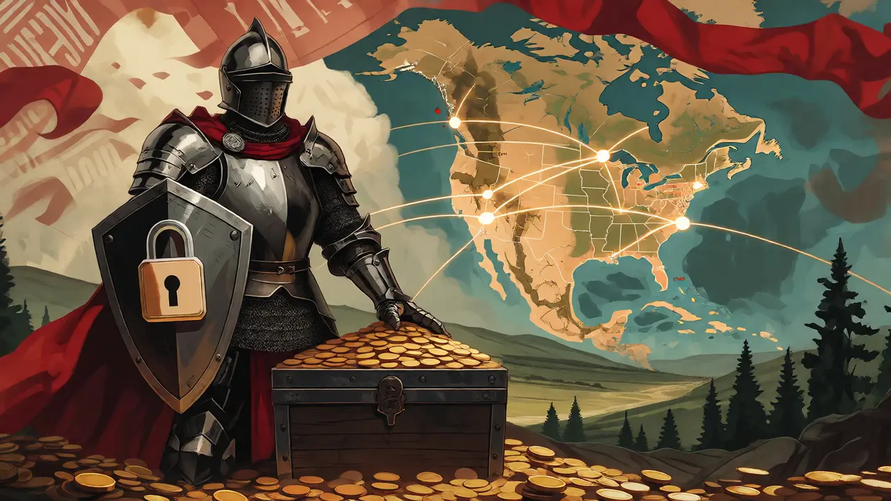 Knight guarding a treasure chest of coins and tokens, symbolizing secure crypto storage.