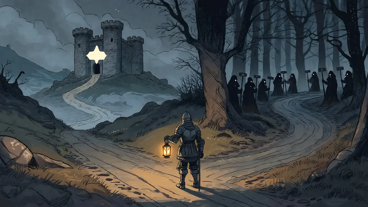 Knight with a lantern at a forked path in a misty forest, symbolizing crypto scam risks.