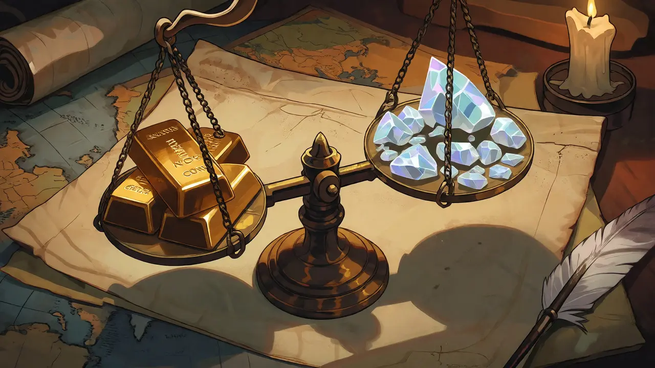 Merchant weighing stable gold against fragile crystal tokens on an antique scale.
