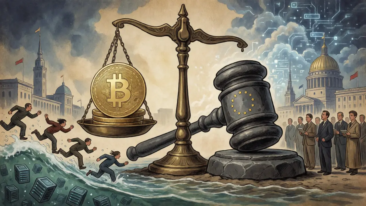 Scale balancing Bitcoin and law enforcement gavel in cartoon art