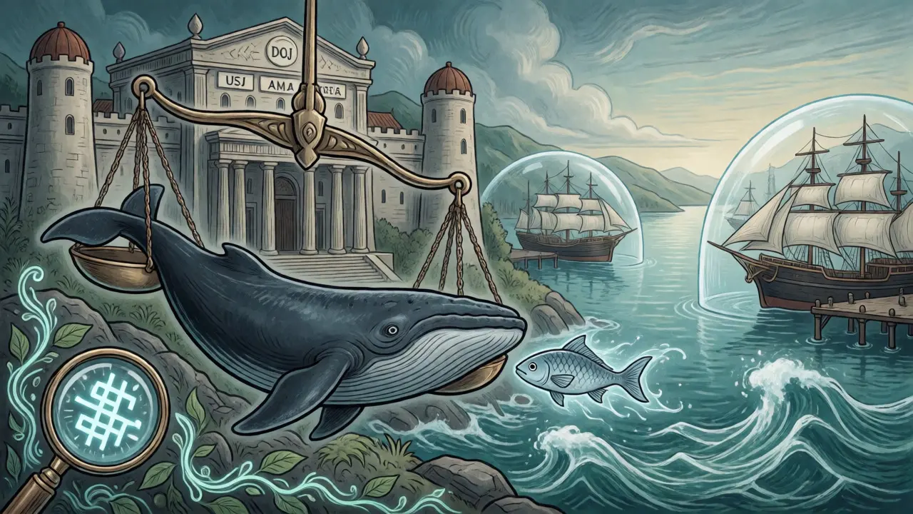Scales balancing a whale and a fish near a fortified institution and safe harbor.