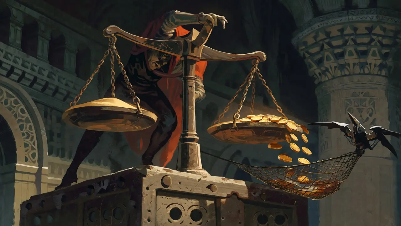 Shadowy trickster manipulating a stone scale in a treasury to cause a cascade of falling gold coins.