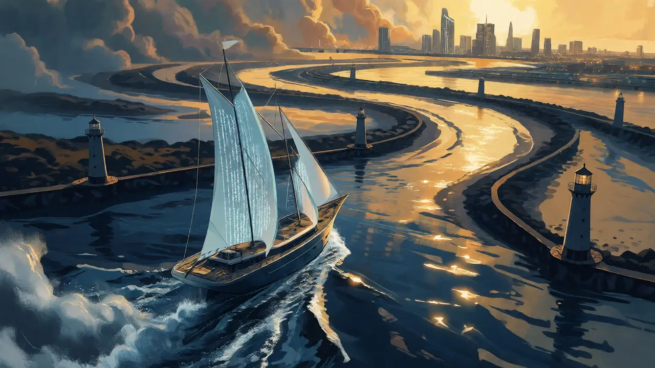 Ship navigating a winding river towards a sunny harbor, symbolizing the licensing journey