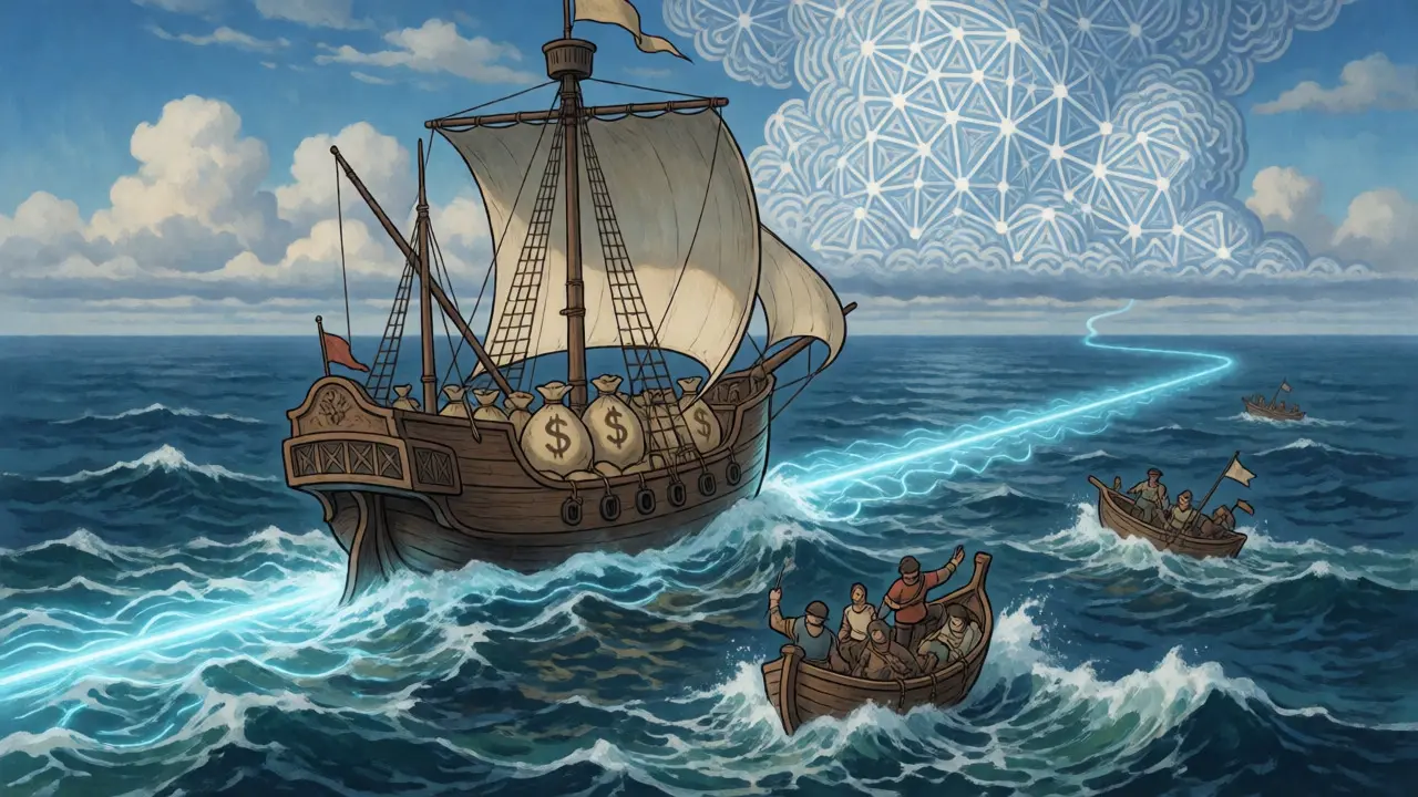 Ship sailing on a smooth digital path representing efficient Tron network transactions.