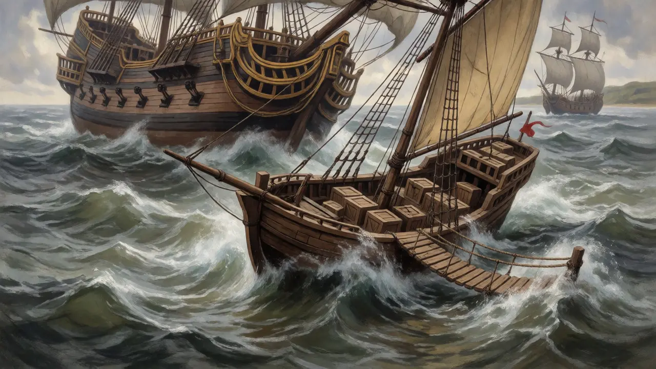 Small ship navigating rough seas near a large galleon symbolizing market risks.