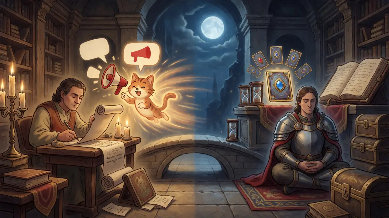Split scene showing a scribe with a cat versus a warrior with cards.