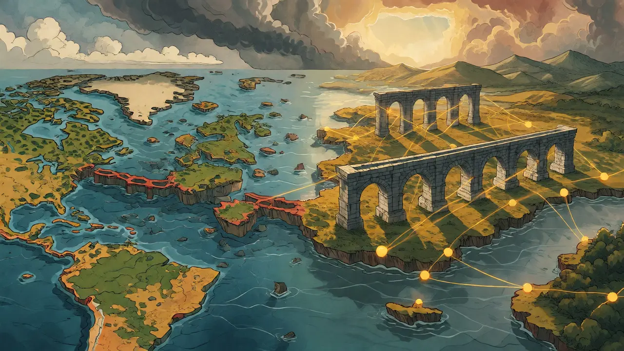 Split scene showing regulatory fragmentation versus a future of unified blockchain connections.