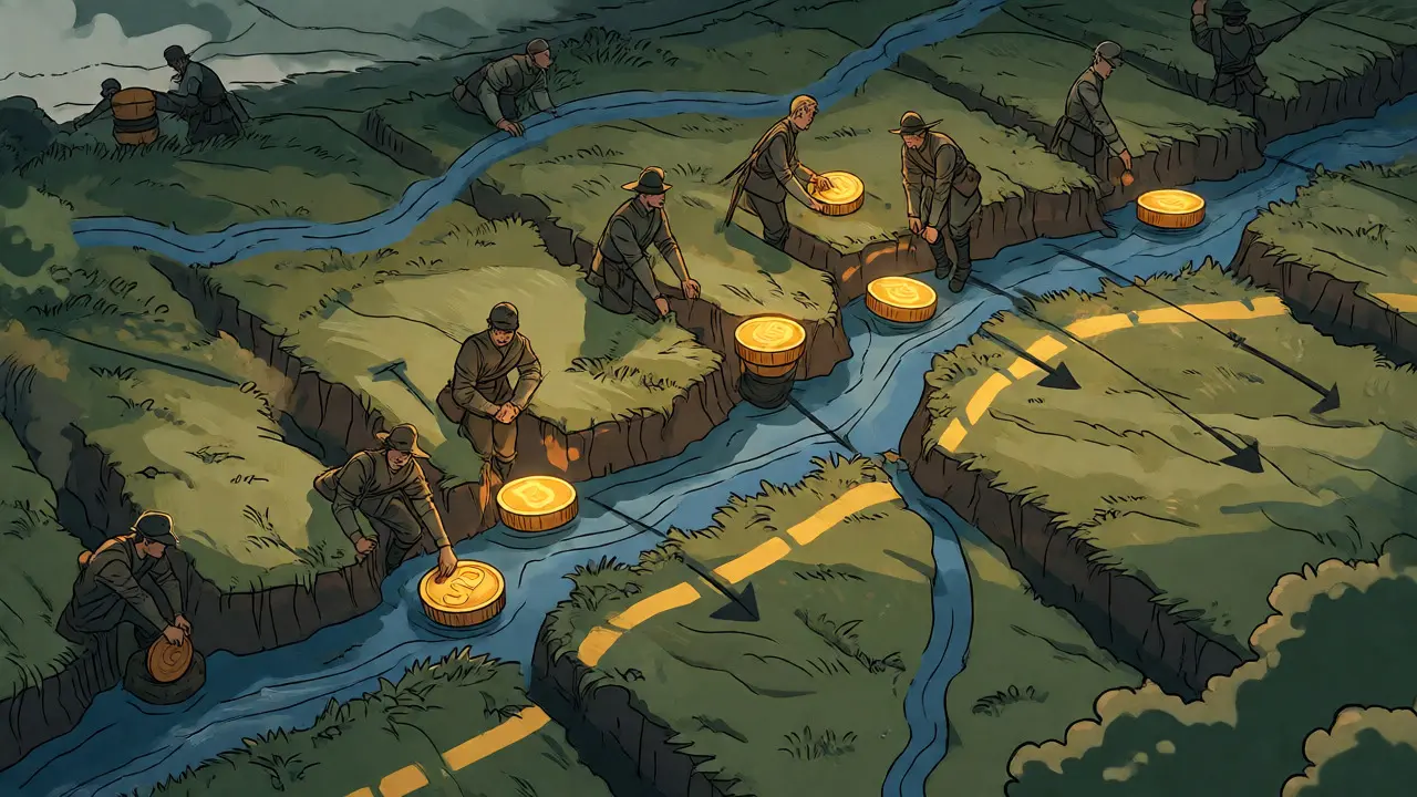 Strategic battle map with figures placing gold tokens into precise river trenches.