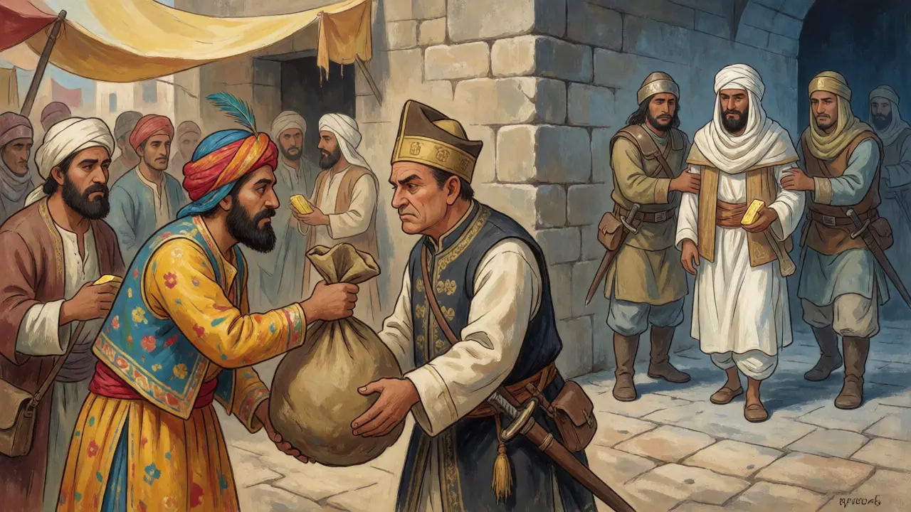 Tax collector weighing heavy gold sacks next to a detained trader behind a wall.